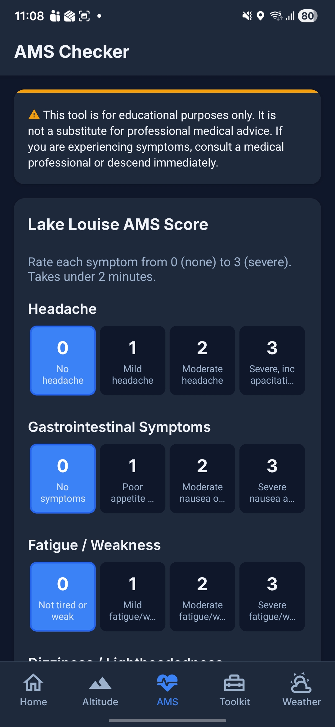 AMS Checker - Lake Louise altitude sickness scoring with symptom assessment